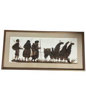 Peruvian? folk art painting, figures leading llamas Framed signed 1998